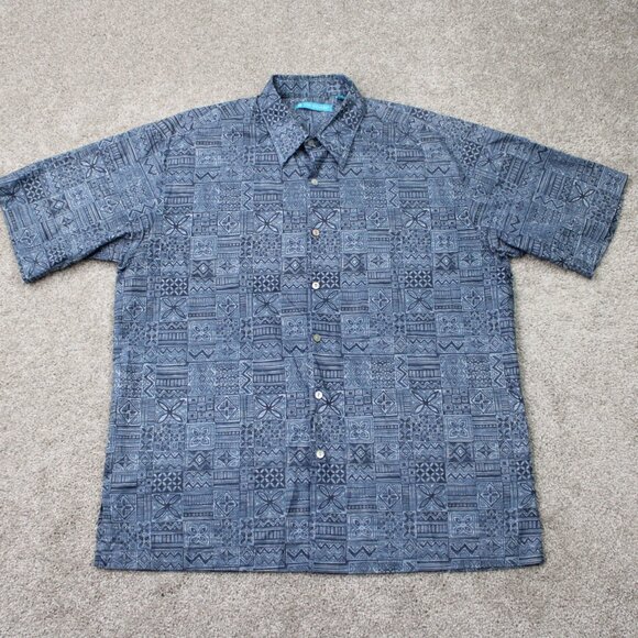 Tori Richard Shirt Men Large Blue Geometric 100% Cotton Lawn Short Sleeve Button - Picture 1 of 13